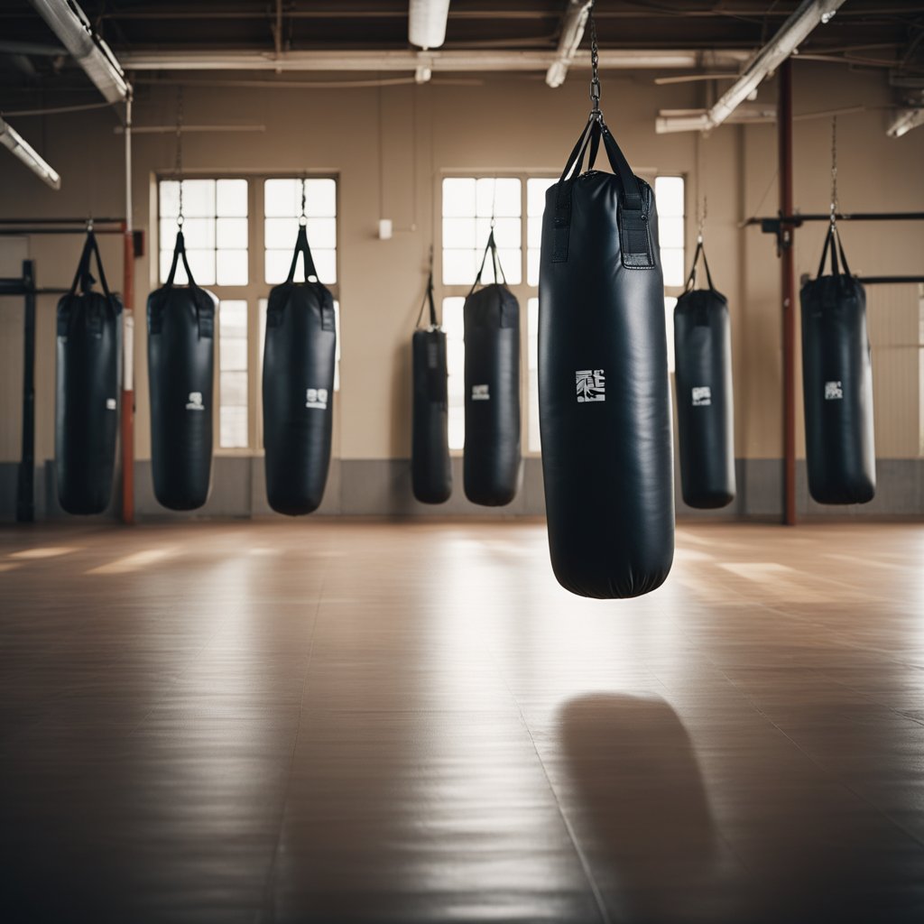 A martial arts training scene with punching bags, kicking pads, and sparring mats