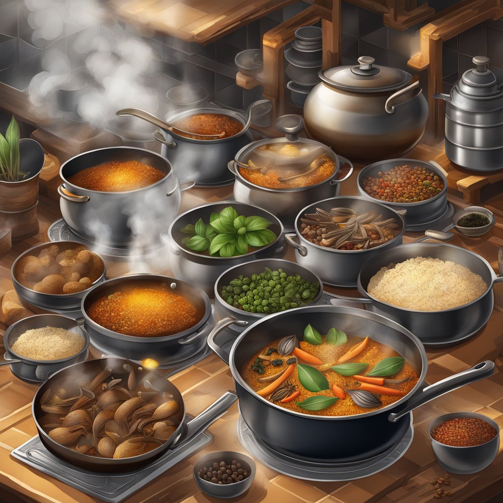 A bustling ancient kitchen with steaming pots and sizzling pans, surrounded by an array of exotic spices and ingredients