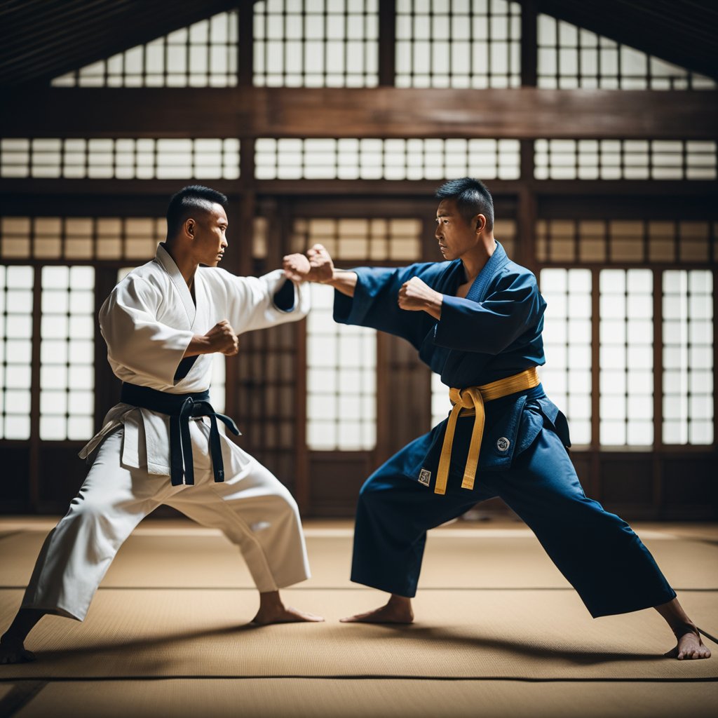 Two martial artists face off in a traditional dojo, surrounded by wooden training dummies and ancient weapons