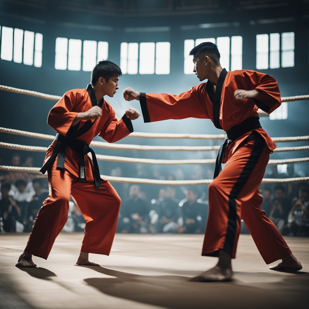 Two martial artists competing in a traditional match with strict rules and regulations