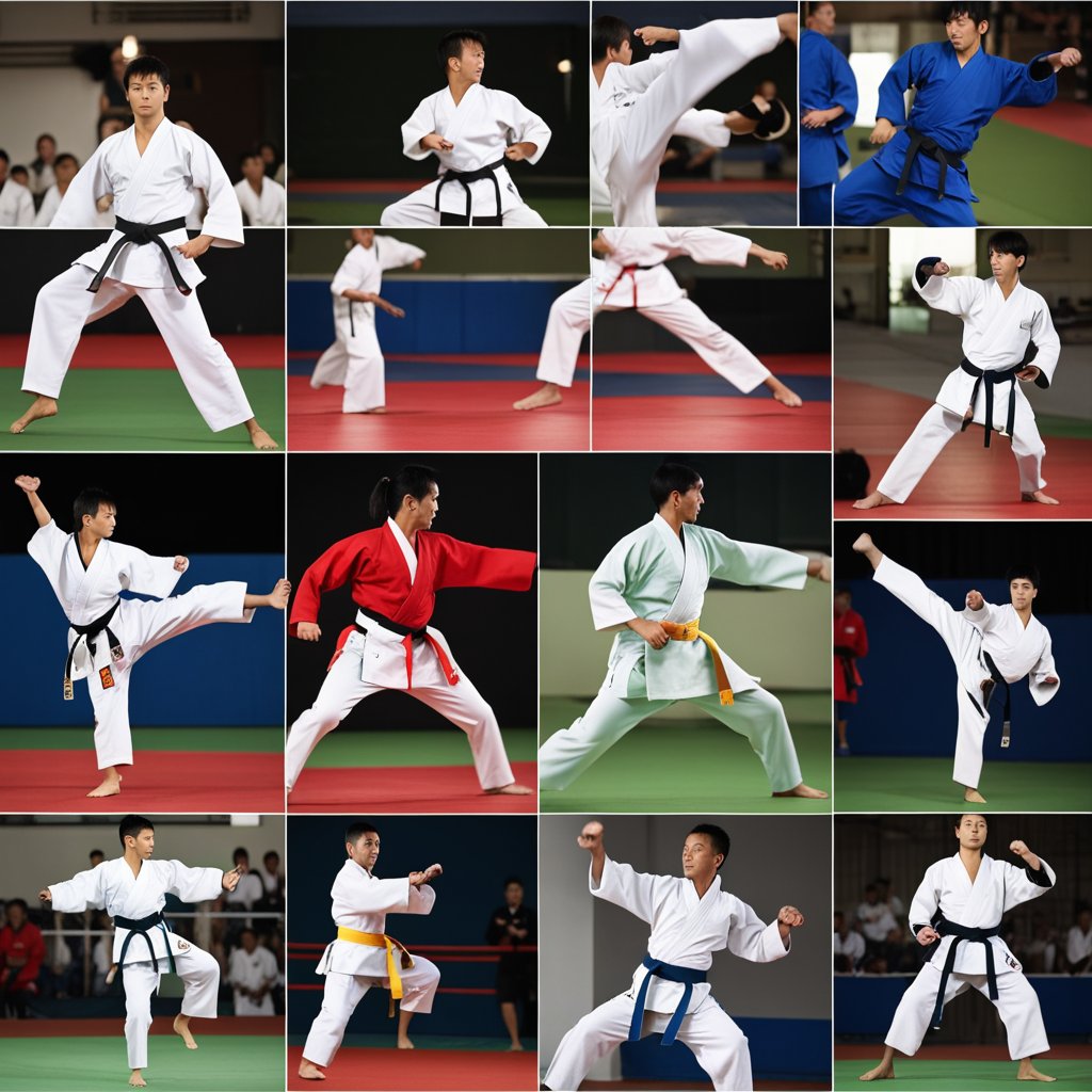 Various martial arts styles in action: karate, judo, taekwondo, and kung fu. Colorful uniforms and dynamic movements