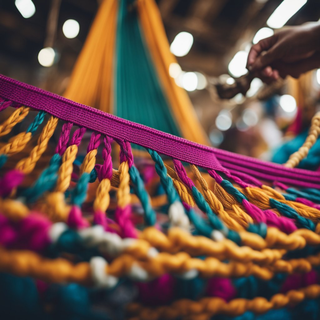 A colorful hammock is being woven by skilled hands, surrounded by traditional tools and vibrant fabrics, representing the cultural and social significance of hammock making in the Northeast