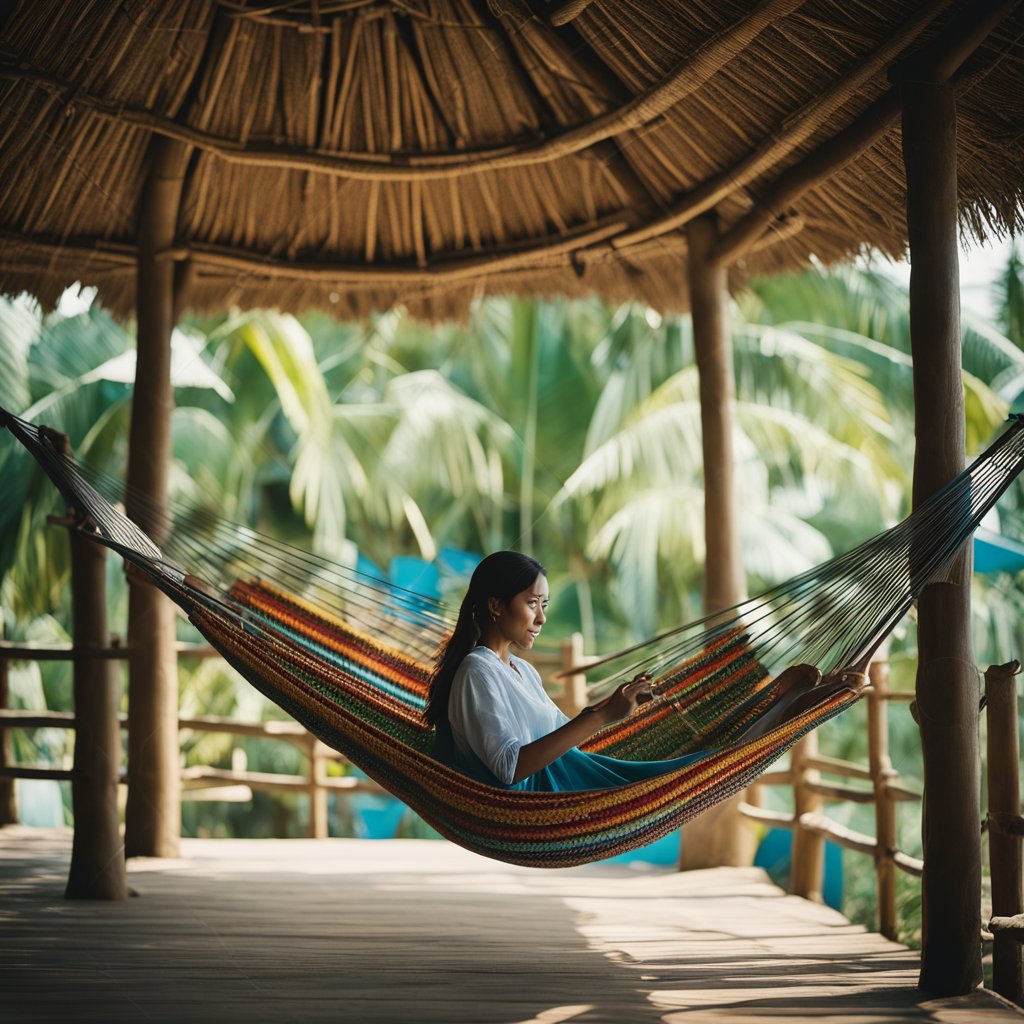 A woman weaves a hammock with colorful threads under a thatched roof in the Northeast