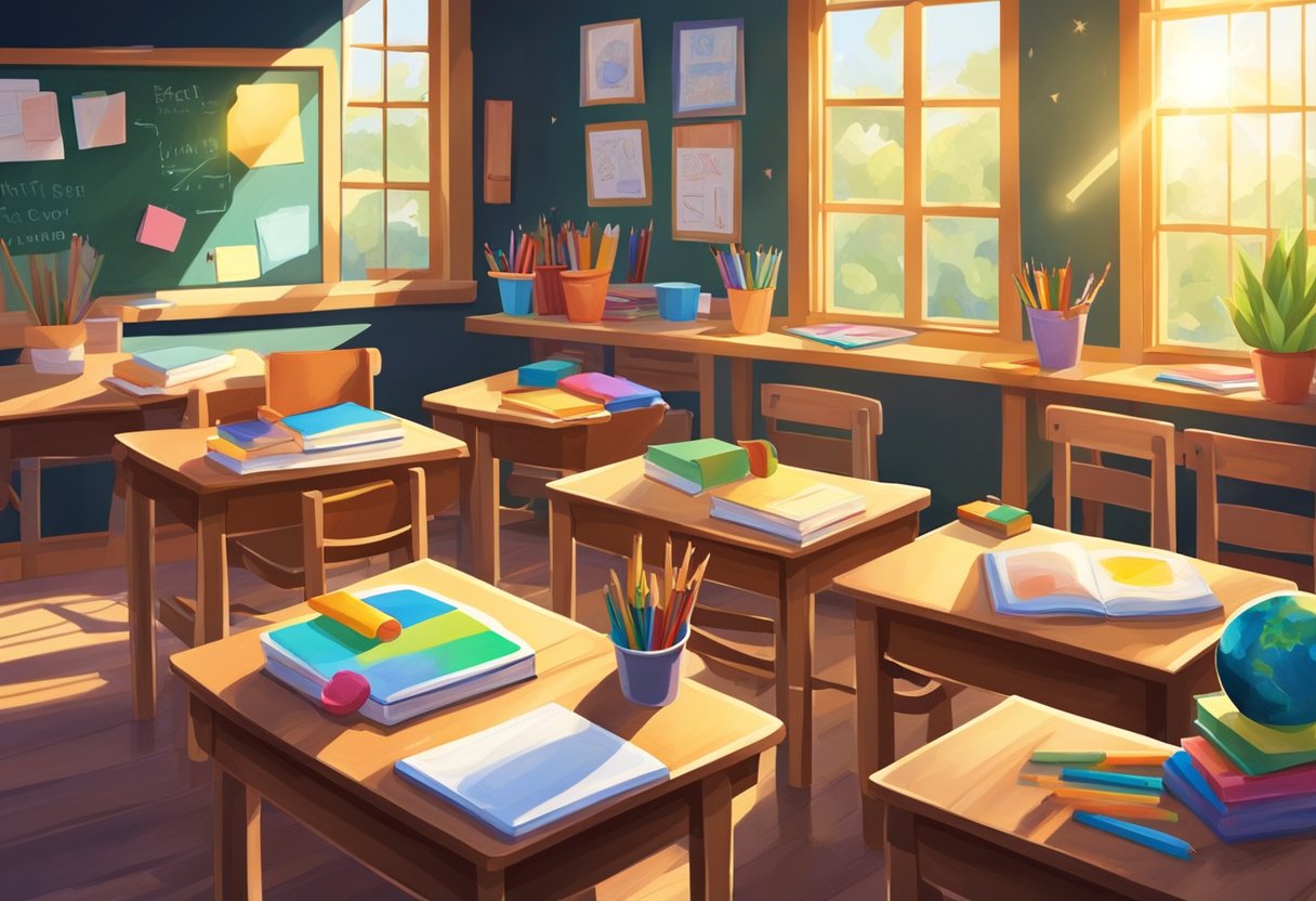 A colorful classroom with books, pencils, and art supplies scattered on tables. A chalkboard displays drawings and educational charts. Sunlight streams through the windows, casting a warm glow