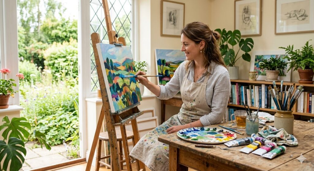 Pessoa pintando uma tela em um ambiente tranquilo, com luz natural, pincéis e tintas coloridas sobre a mesa, atmosfera relaxante.