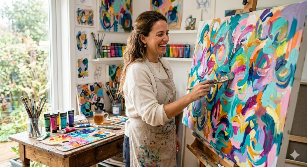 Mulher sorrindo enquanto pinta uma tela abstrata cheia de cores vibrantes, representando criatividade e bem-estar