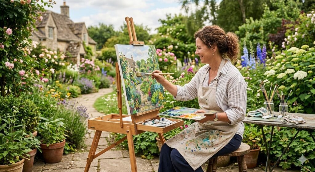 Pessoa pintando ao ar livre em um jardim, mostrando a conexão entre arte e natureza.