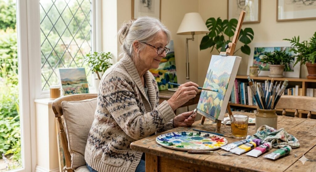 Idosa pintando calmamente em casa, representando arte como atividade terapêutica para terceira idade.