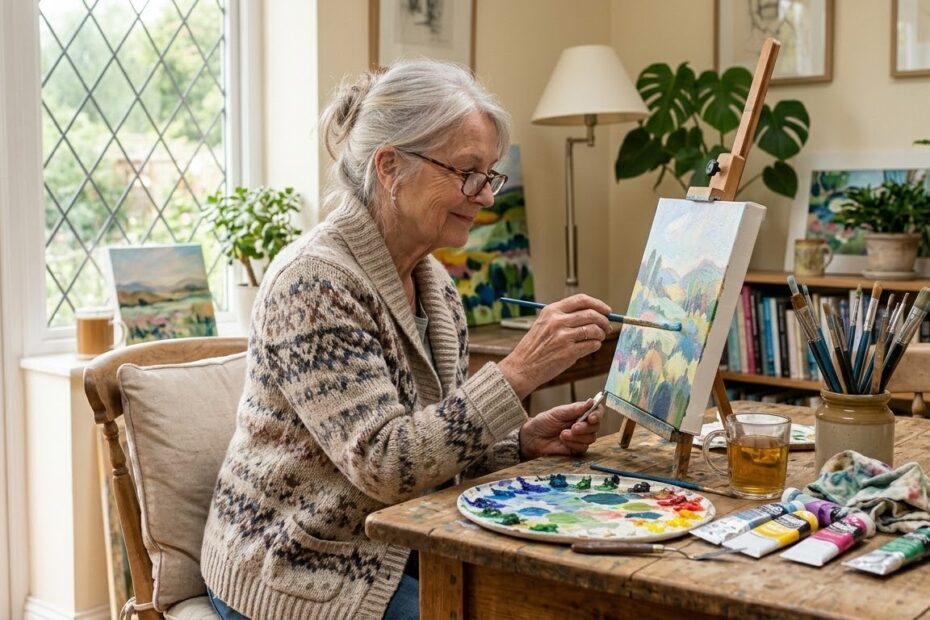 Idosa pintando calmamente em casa, representando arte como atividade terapêutica para terceira idade.